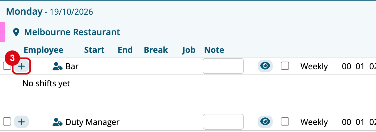 A day on the Roster Calendar showing Melbourne Restaurant with a Bar row, its + button outlined, and a Duty Manager row