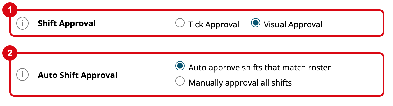 Timesheet Settings showing Shift Approval with Tick Approval and Visual Approval, and Auto Shift Approval with Auto approve shifts that match roster and Manually approval all shifts