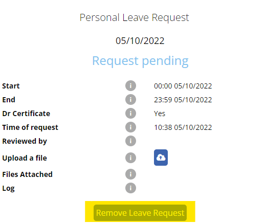 Highlighted Remove Leave Request button on a leave request review