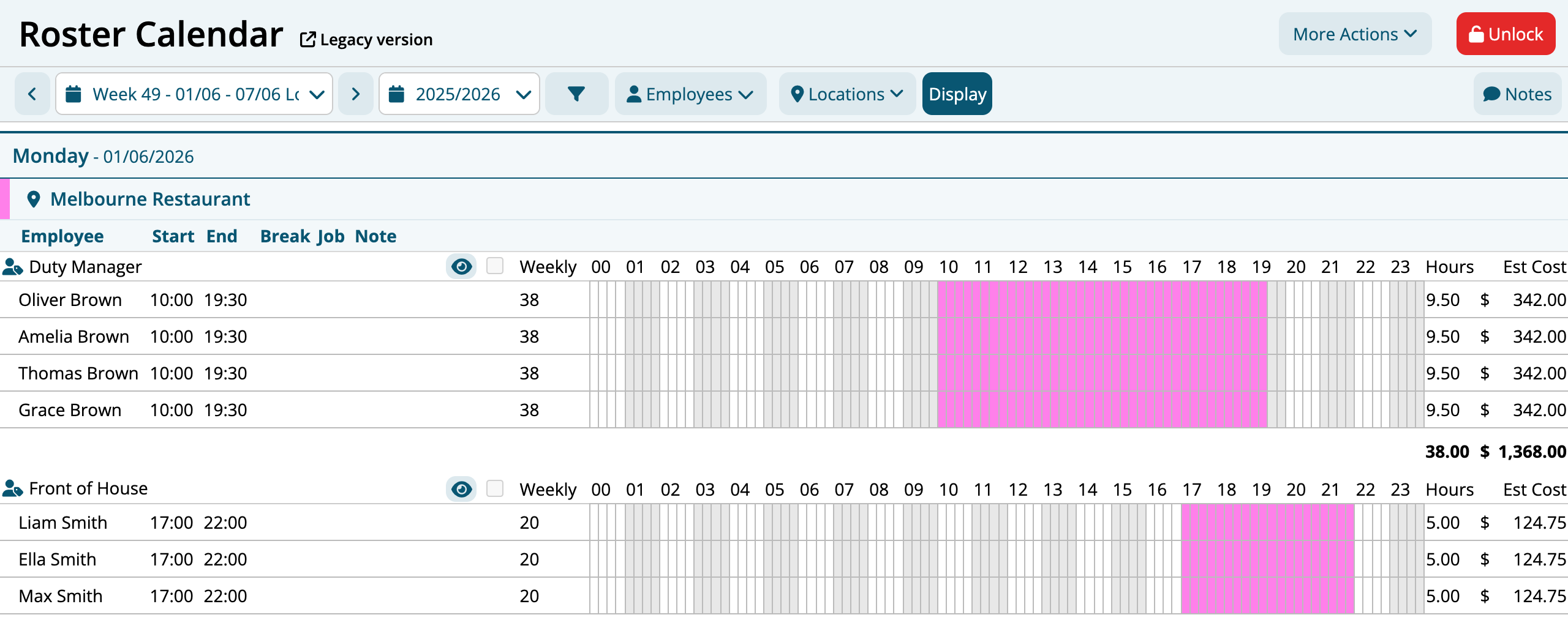 The Roster Calendar for week 49, showing Monday at Melbourne Restaurant with Duty Manager and Front of House rows of shifts, each with its hourly graph, hours and estimated cost