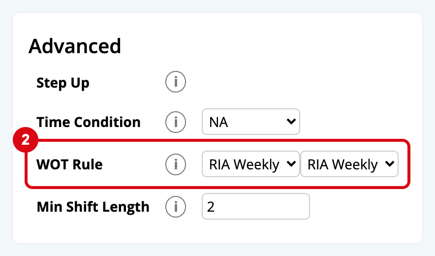 The Advanced section of a Shift Rule with two Weekly Rules chosen under WOT Rule, marked 2