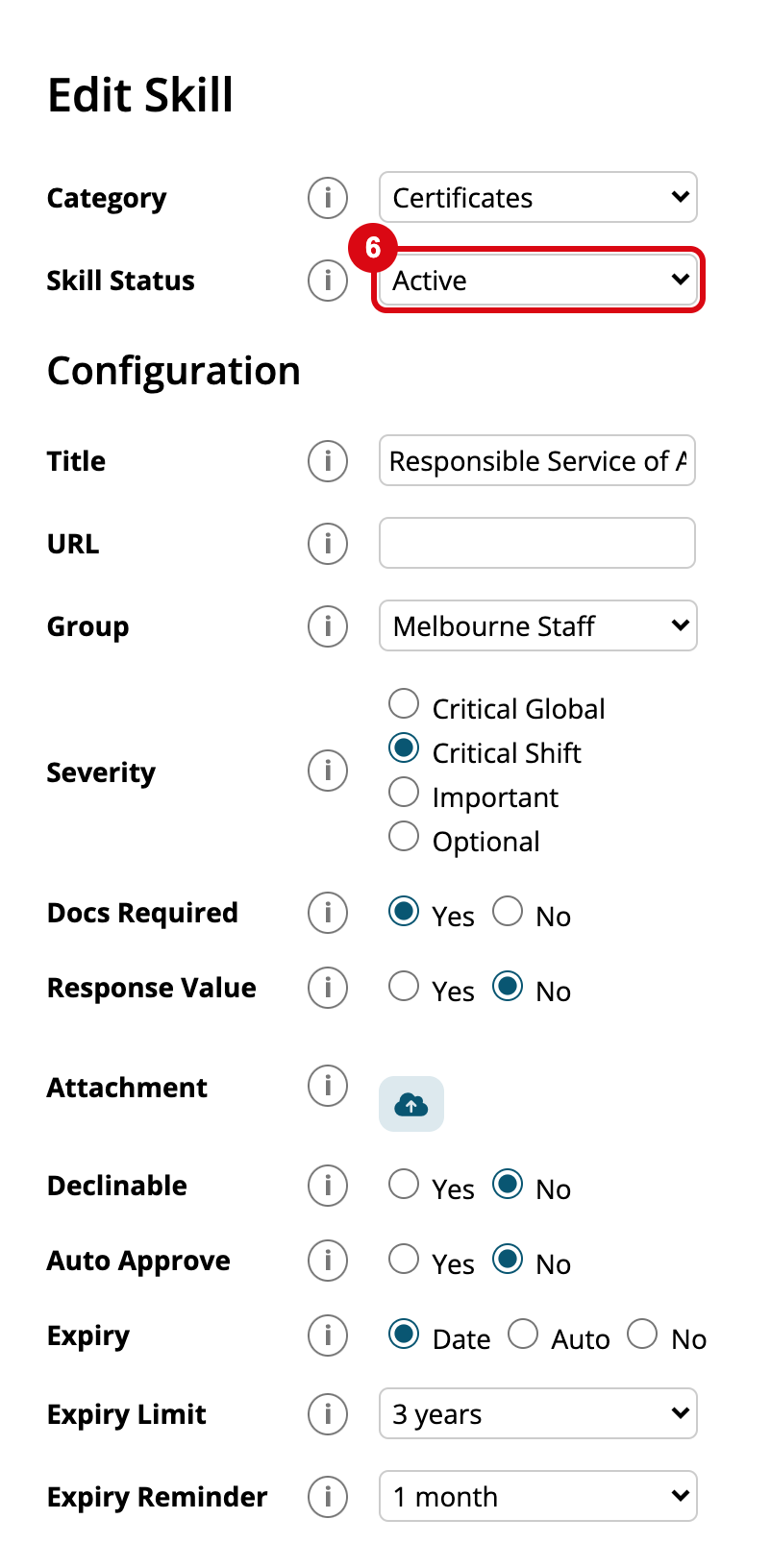 The Edit Skill form for a Responsible Service of Alcohol (RSA) certificate: Category Certificates, Group Melbourne Staff, Severity Critical Shift, Docs Required Yes, Expiry Date with a 3 year Expiry Limit and a 1 month Expiry Reminder, and mark 6 on Skill Status, set to Active