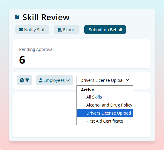 Skill filter dropdown used to select a specific skill template in the Skills Review page