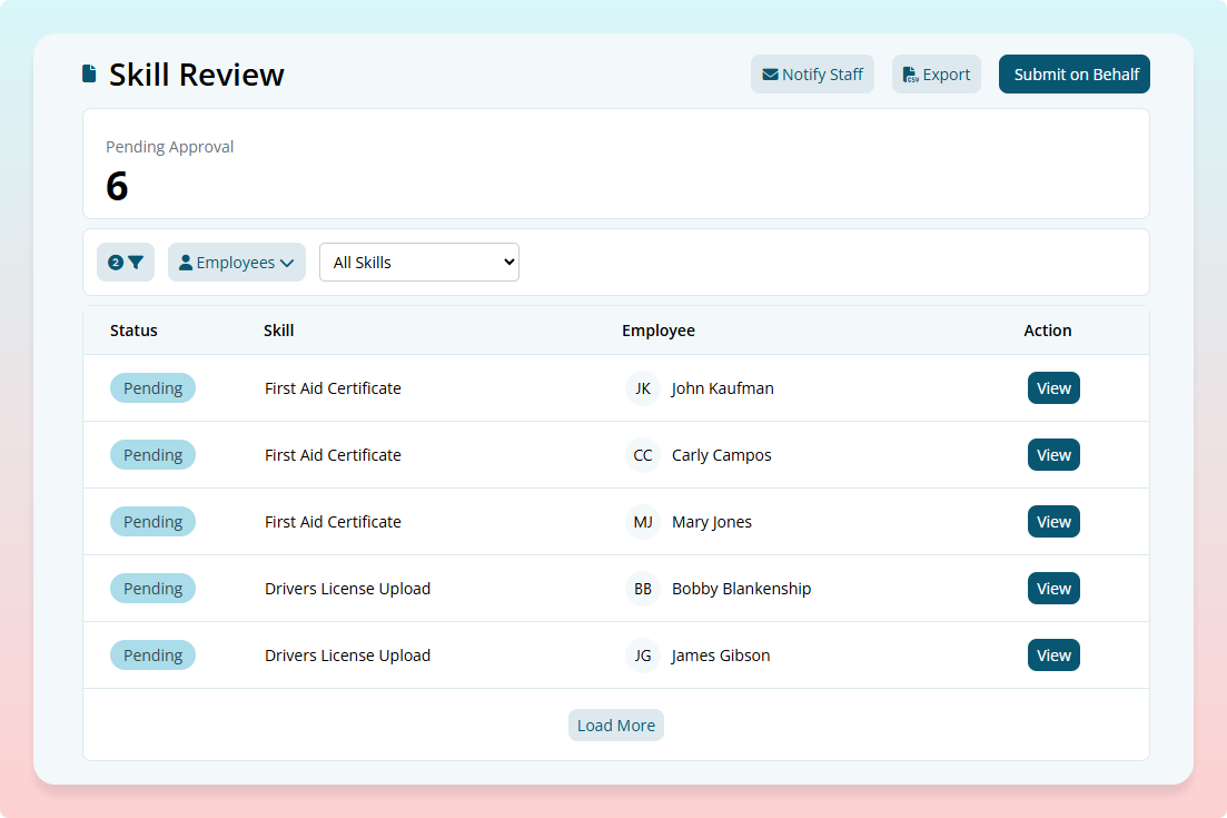 Skills Review page showing a list of employee skill submissions pending approval with status badges and View action buttons