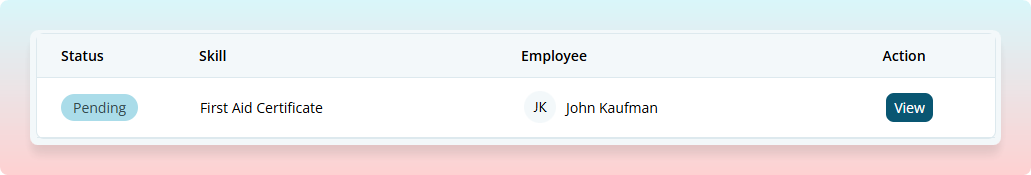Skills Review table row showing a pending skill submission with View button