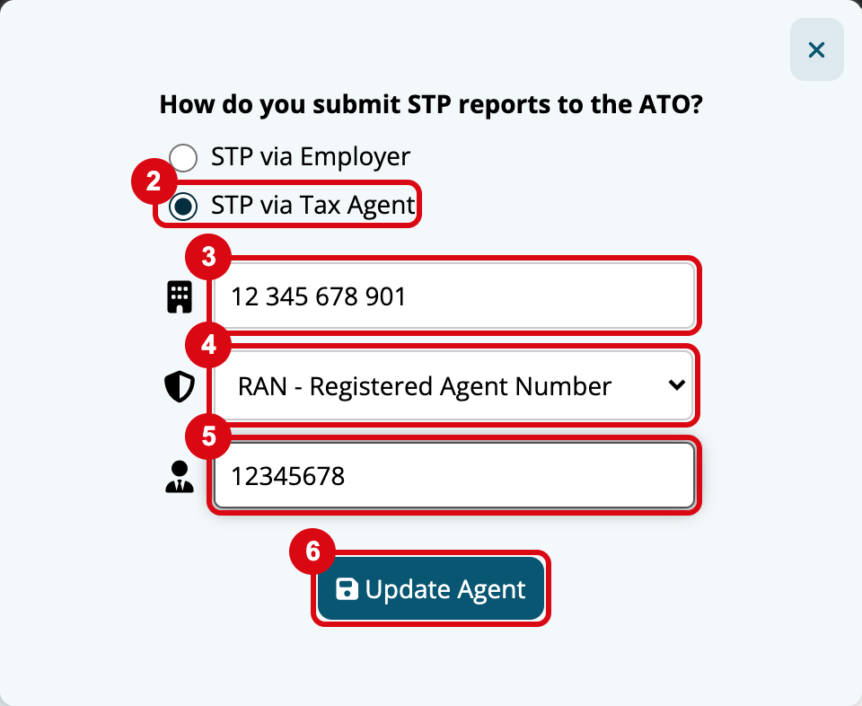 The agent window on ABN and Pay Cycles with marks matching the steps: 2 STP via Tax Agent, 3 the Agent ABN, 4 RAN - Registered Agent Number, 5 the Agent Number, and 6 Update Agent