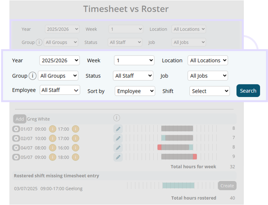 the filter bar highlighted on the timesheet vs roster page