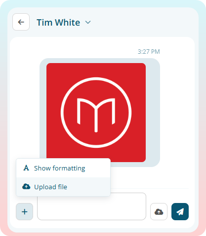 Message composer with the attachment menu open, showing options to show formatting or upload a file.